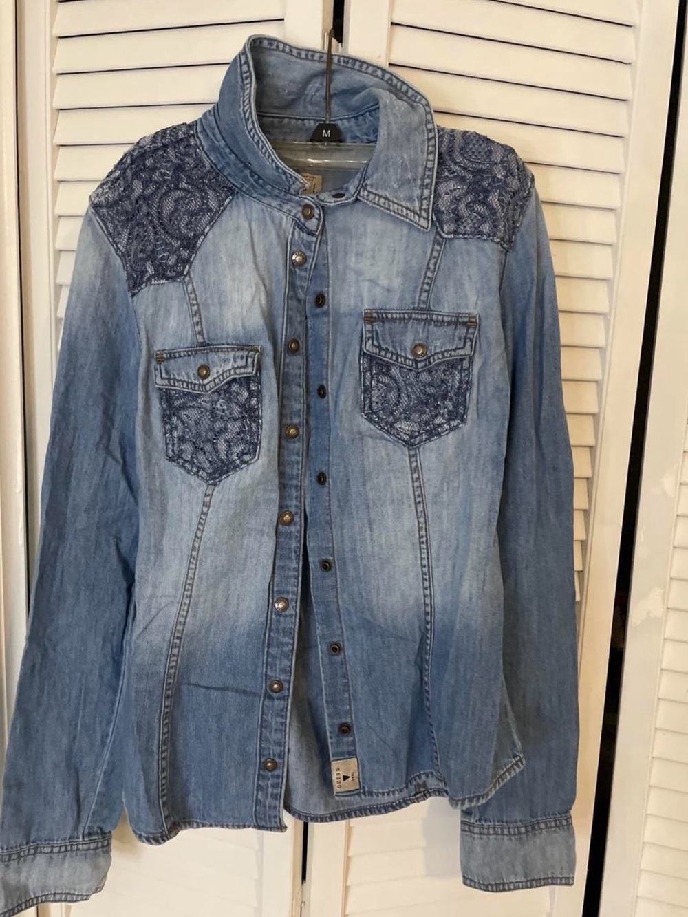 Denim Button-Up Shirt with Lace Accents - Blue